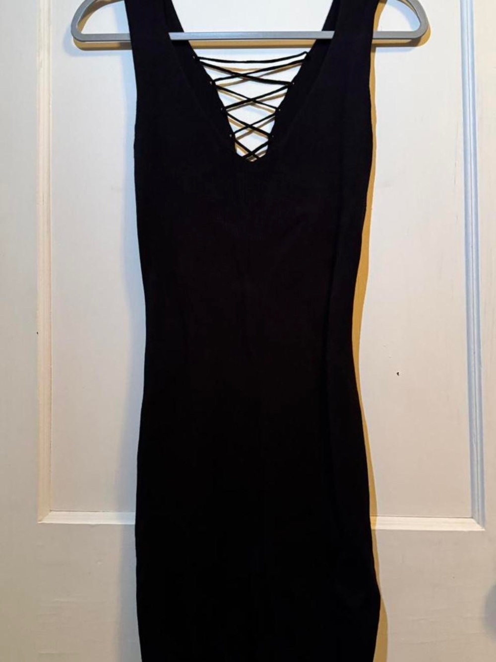 Strapless Black Bodycon Dress with Crisscross V Detail
